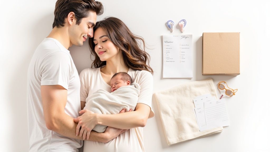 Happy parents holding newborn baby with milestone cards and essentials checklist organized on table