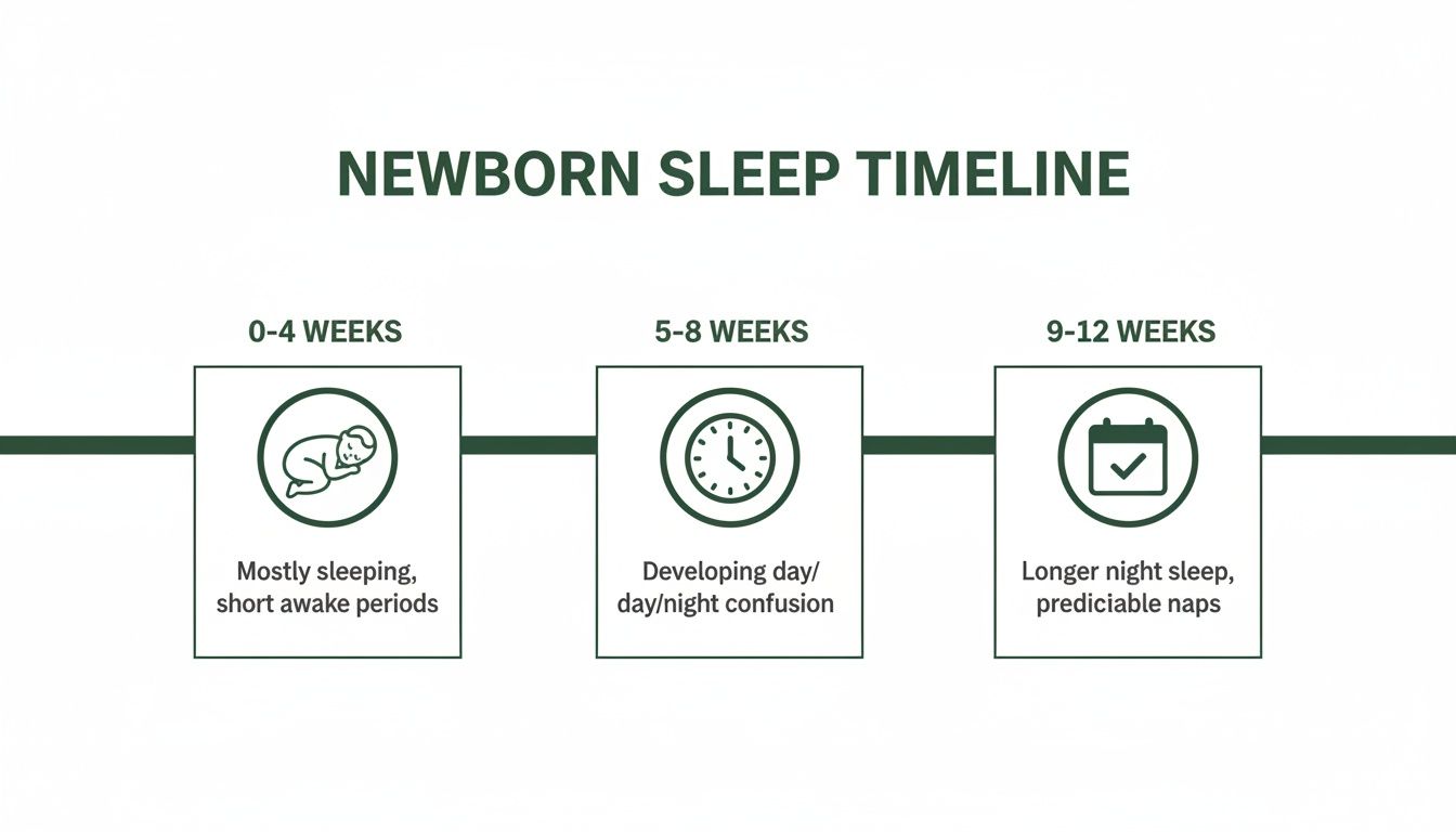 Newborn sleep timeline illustrating developmental stages from 0 to 12 weeks.