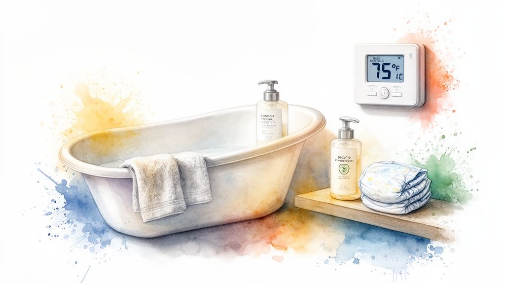 Watercolor illustration of baby bath essentials: a tub with water and towel, bath products, diapers, and a thermometer showing 75°F.