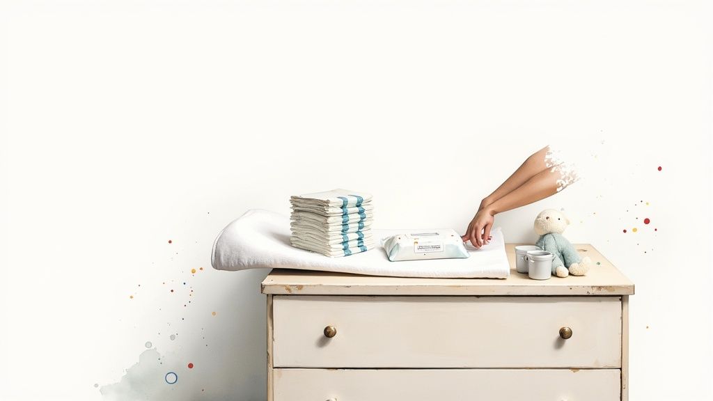 An organized diaper changing station with a changing pad, diapers, and wipes.