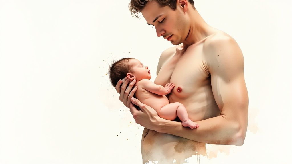 A shirtless man gently cradling a newborn baby against his chest, looking down lovingly.