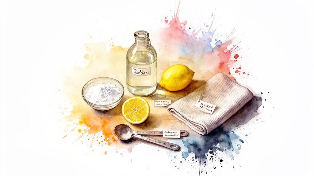 Ingredients for natural cleaning and stain removal: white vinegar, lemons, baking soda, and a cloth.
