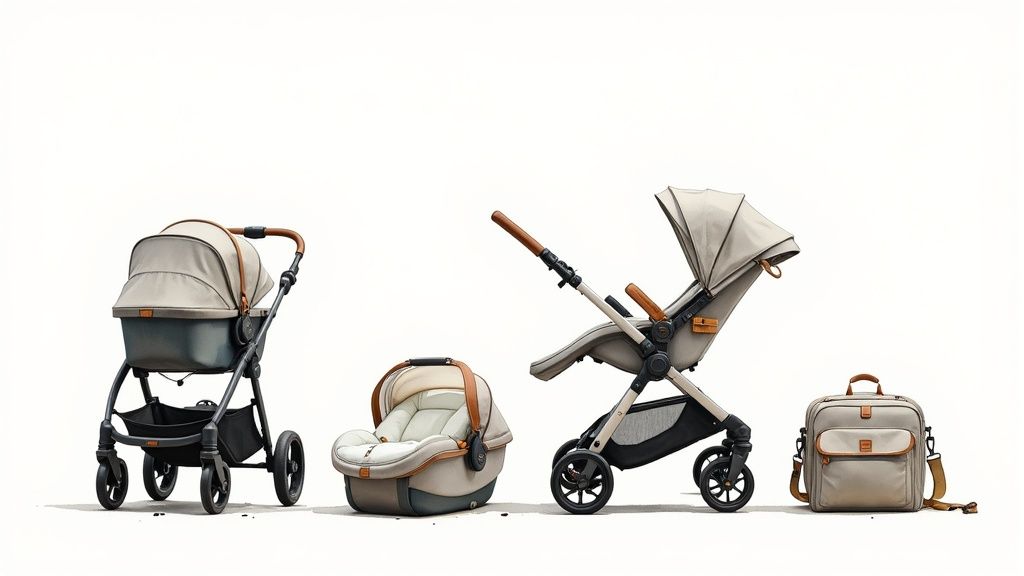 Complete baby travel system set including stroller, car seat, bassinet attachment, and diaper bag