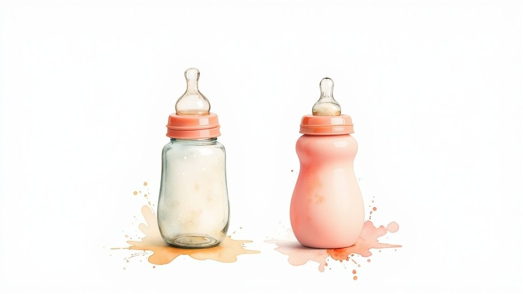 A top-rated baby bottle with anti-colic features being held.