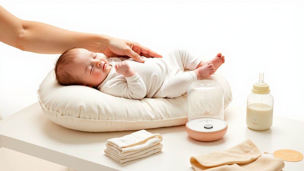 A parent feeding a newborn baby with a bottle in a cozy home setting.