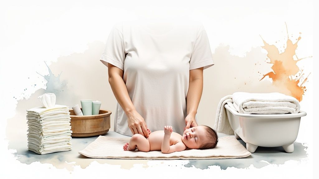 Parent changing newborn baby diaper on changing mat with supplies and bathtub nearby