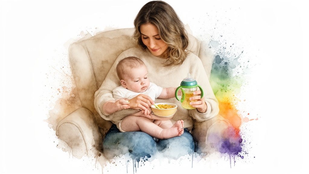A mother lovingly feeds her baby solid food from a bowl while holding a sippy cup.
