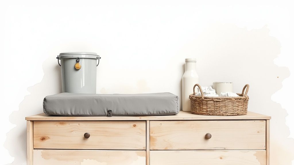 A well-organized diaper changing station on top of a white dresser.