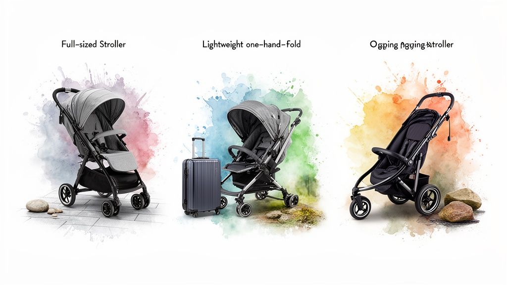 Three different types of strollers: full-sized, lightweight one-hand-fold, and jogging, shown for comparison.