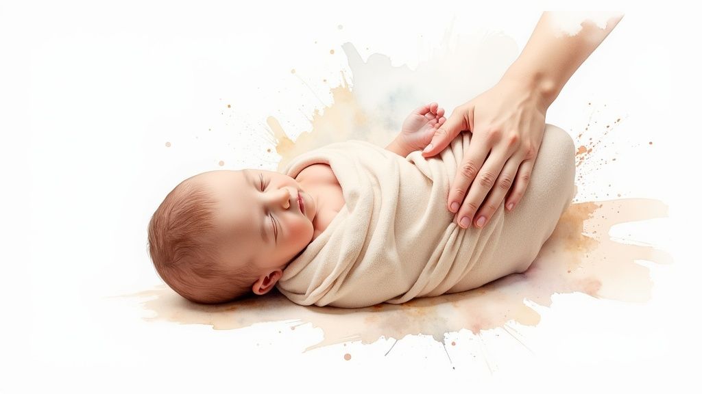 Newborn baby sleeping swaddled in a beige blanket, with an adult's hand gently touching.