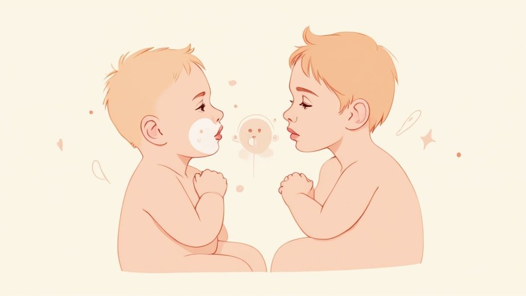 Two babies facing each other blowing bubbles in soft peachy illustration style