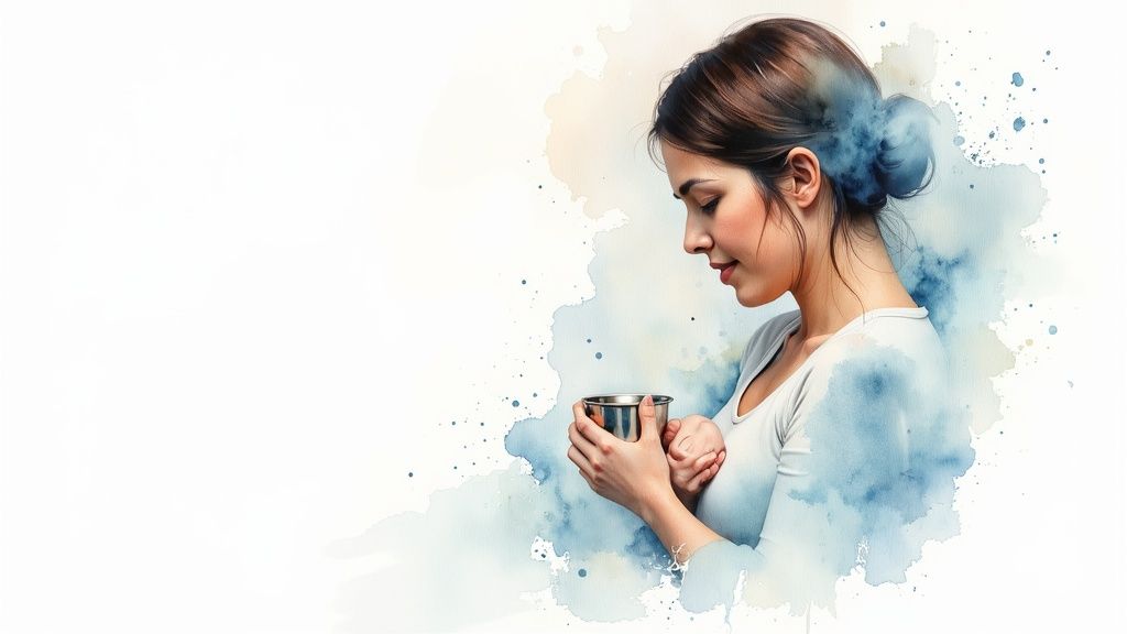 Woman in white shirt holding coffee mug in peaceful watercolor style illustration