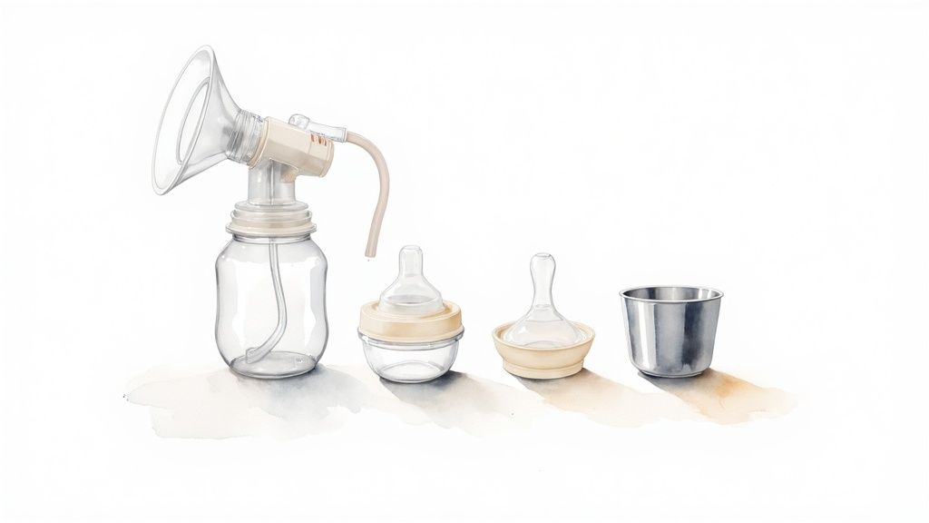 A watercolor illustration showcasing a breast pump, two baby bottles with nipples, and a small stainless steel cup.