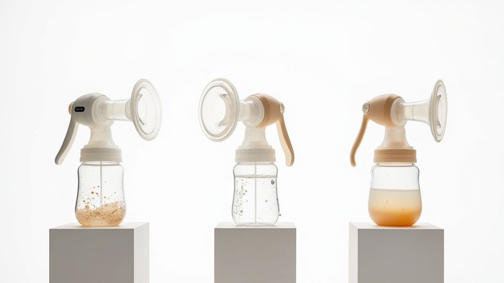 Three manual breast pumps showing different milk collection stages on gray pedestals