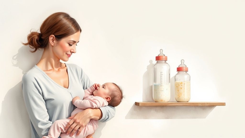 A mother smiling as she bottle-feeds her baby.