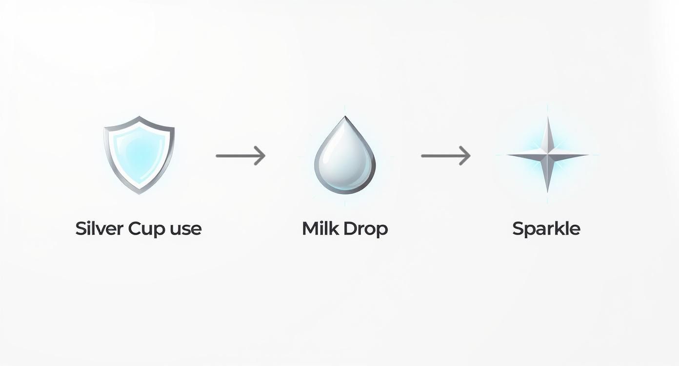 A diagram illustrating the benefits of silver cup use, showing a silver shield, a milk drop, and a sparkle.