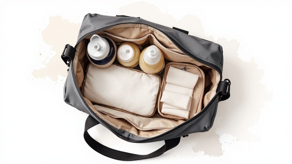 A mother breastfeeding her baby, with her diaper bag and a set of Moogco Silver Nursing Cups nearby.