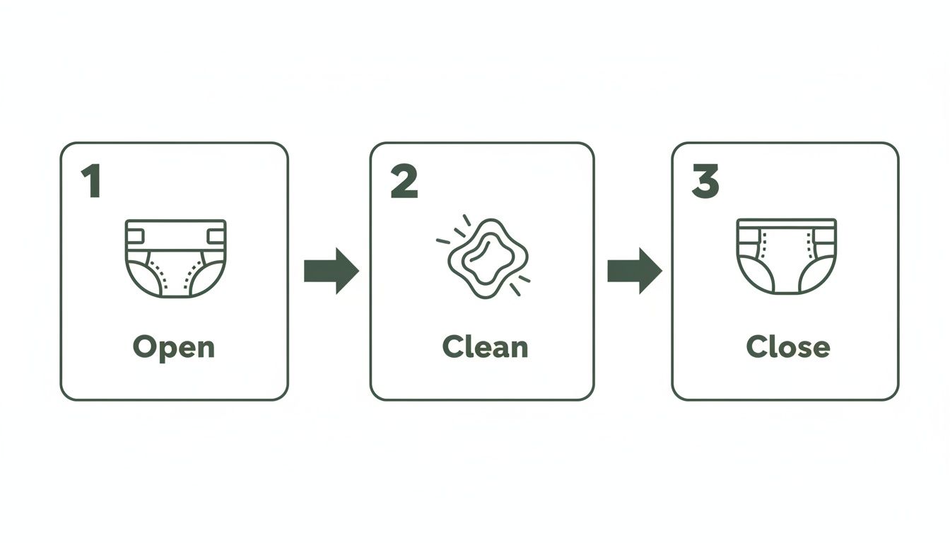 A clear three-step visual guide demonstrating how to change a baby's diaper.