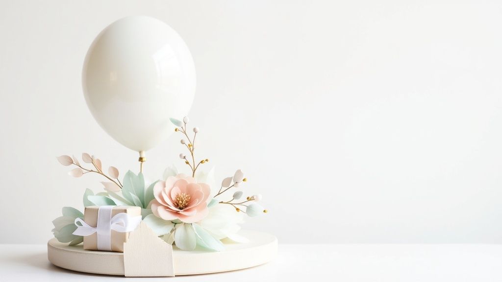 A white balloon, a small gift box, and pastel paper flowers arranged on a circular stand.