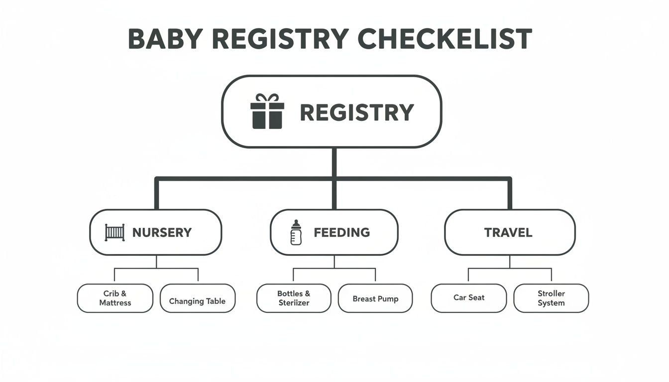 A baby registry checklist diagram with main categories: nursery, feeding, and travel, listing essential items.