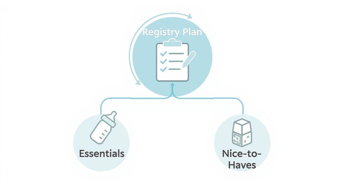 Baby registry planning diagram showing essentials and nice-to-haves categories with checklist icon