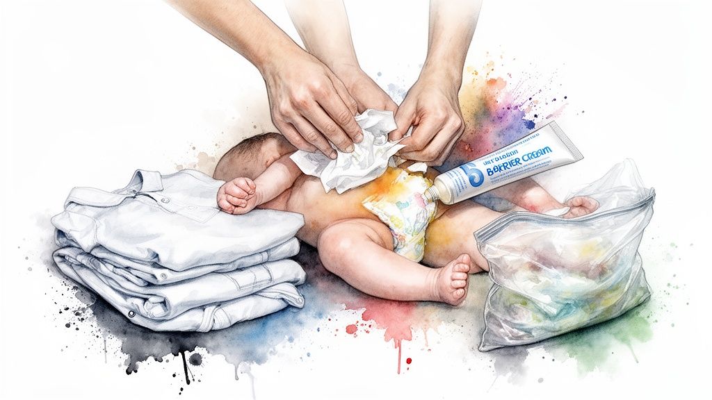 Watercolor illustration of hands changing a baby's diaper, with barrier cream, clean clothes, and a bag.