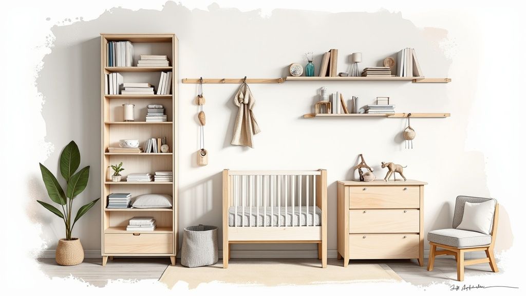 A bright, modern, and organized minimalist nursery room with natural wood furniture.