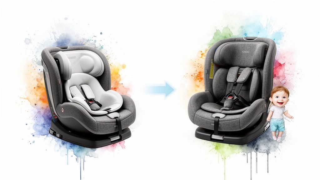 Two gray convertible car seats showing transformation from infant insert to toddler configuration, with a happy baby.