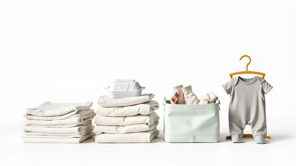 Neatly organized baby essentials including folded clothes, a storage bin, and a grey romper.