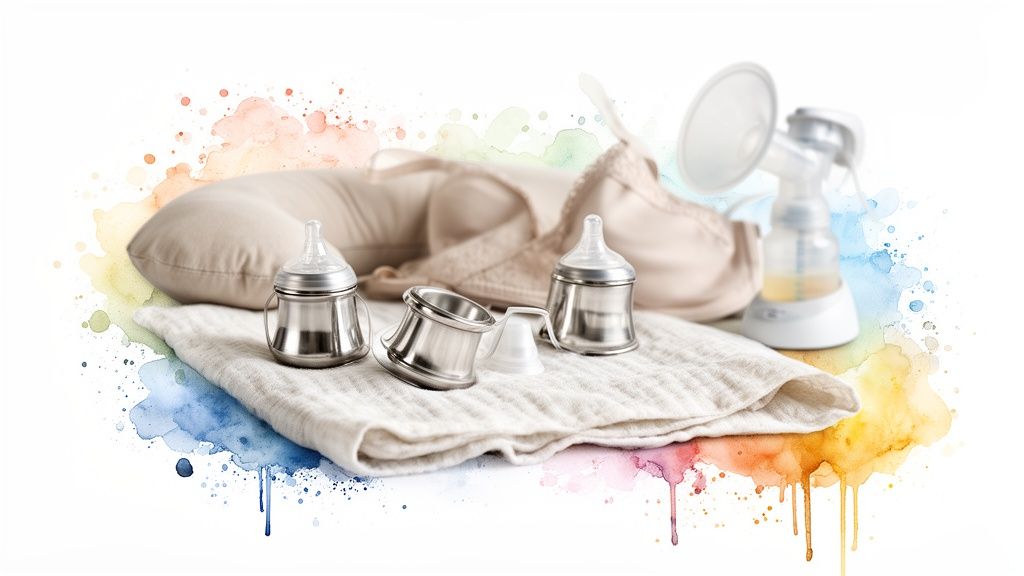 Breastfeeding essentials including a nursing pillow, bra, bottles, breast pump, and muslin cloth on a watercolor background.