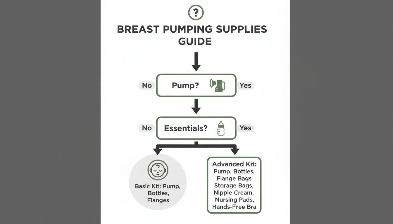 Flowchart outlining breast pumping supplies, suggesting a basic or advanced kit based on user needs.