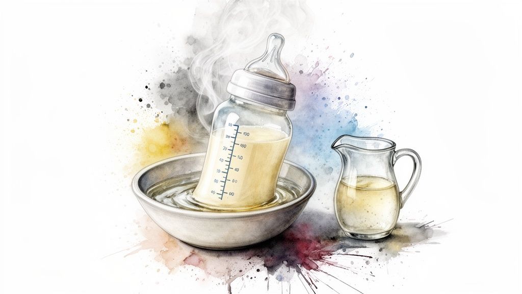A watercolor illustration of a baby bottle warming in a bowl of hot water, with a pitcher of milk nearby.