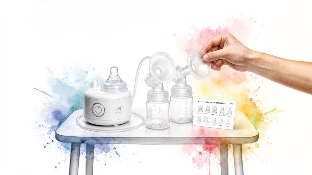 A white electric breast pump, two baby bottles, and a hand holding a pump part on a table.