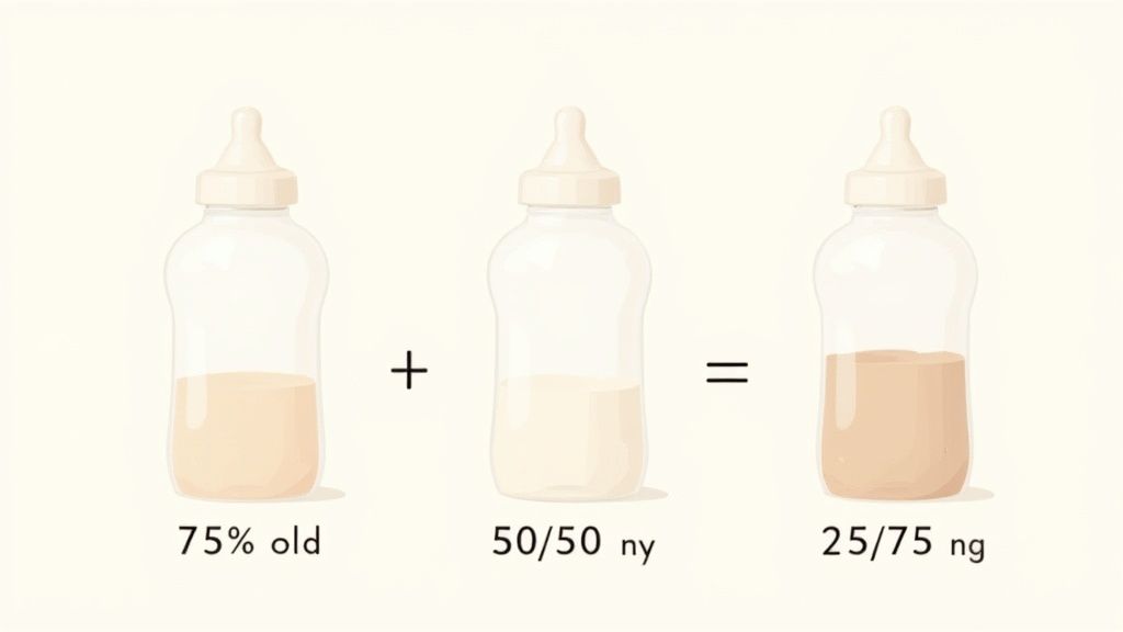 A parent preparing a baby bottle by mixing new and old formula.