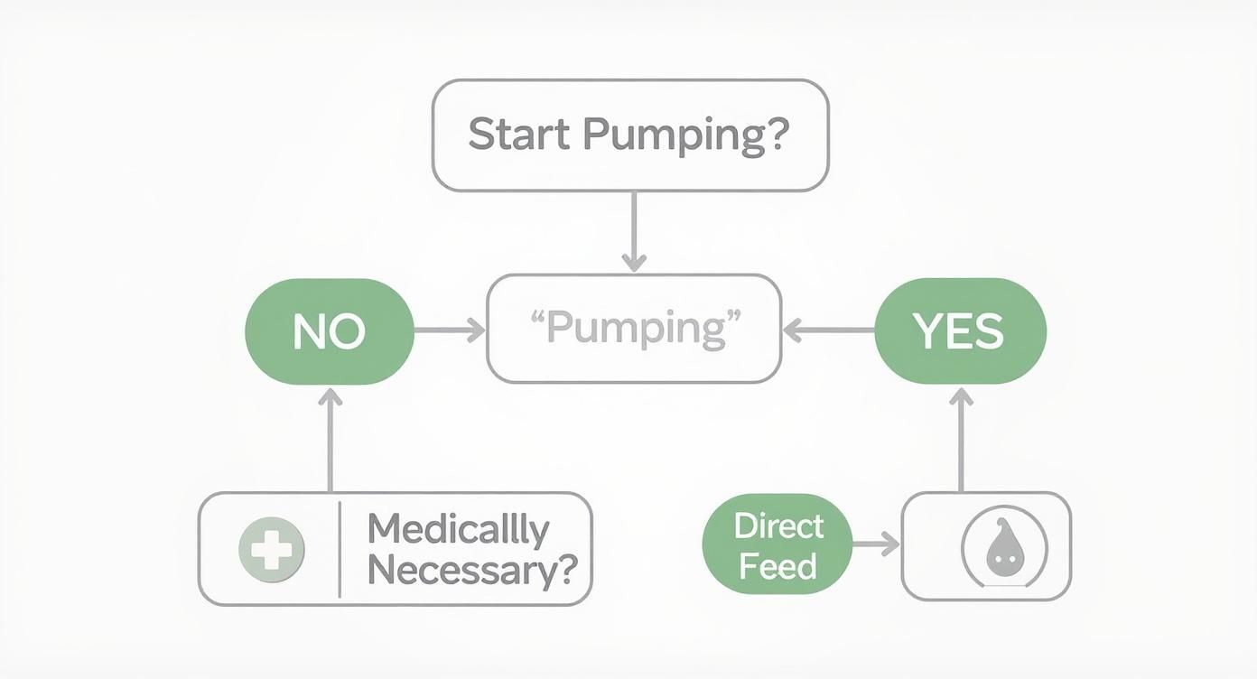 Flowchart illustrating the decision process for breast milk pumping, including medical necessity and direct feeding.