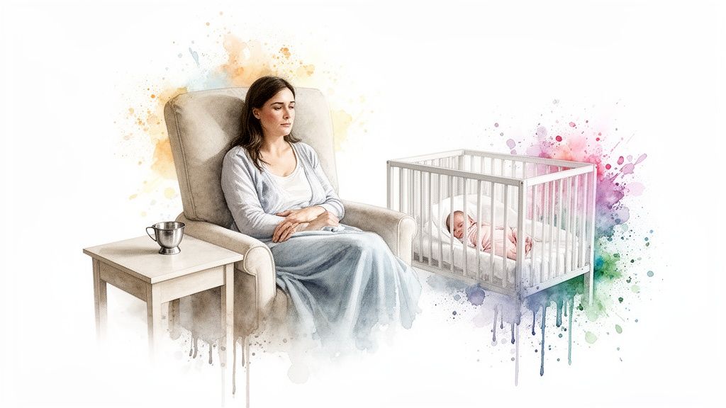 A mother sits contemplatively in a chair beside her sleeping baby in a white crib.
