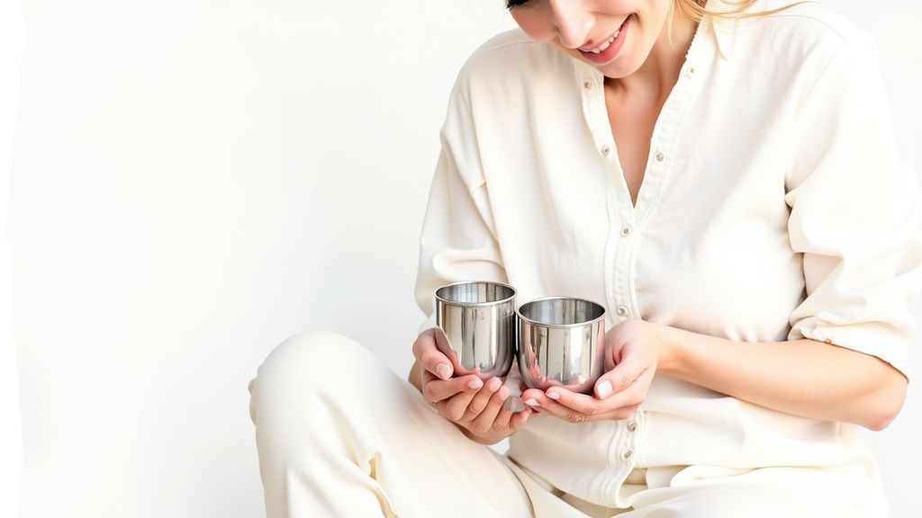 A smiling person in white clothing holds two gleaming silver nursing cups.