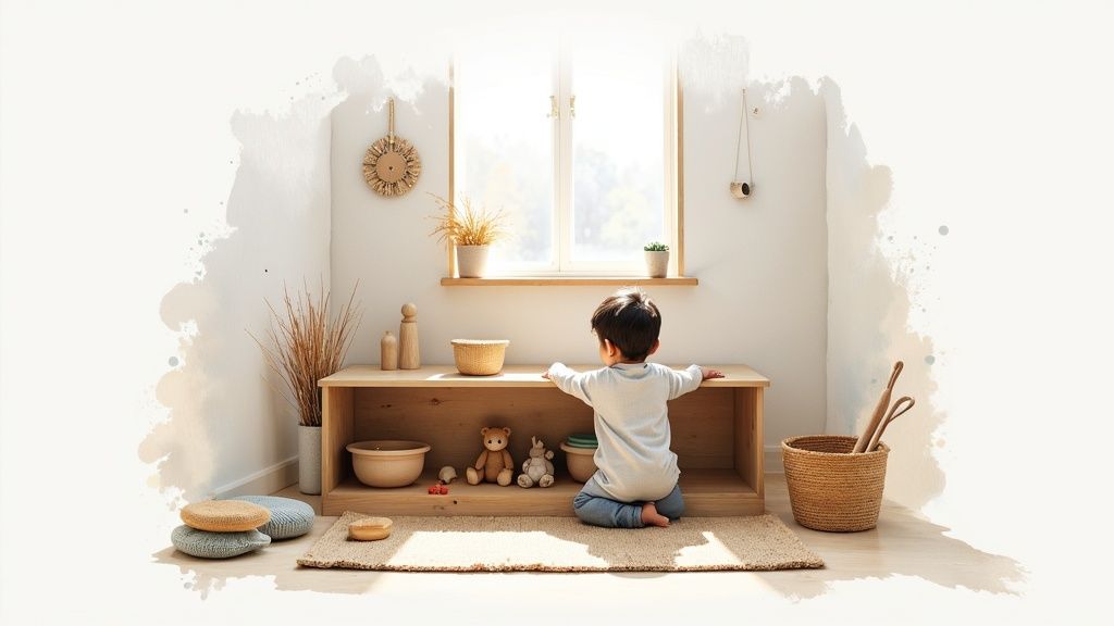A young child on knees reaching for toys on a wooden shelf in a bright, minimalist room.