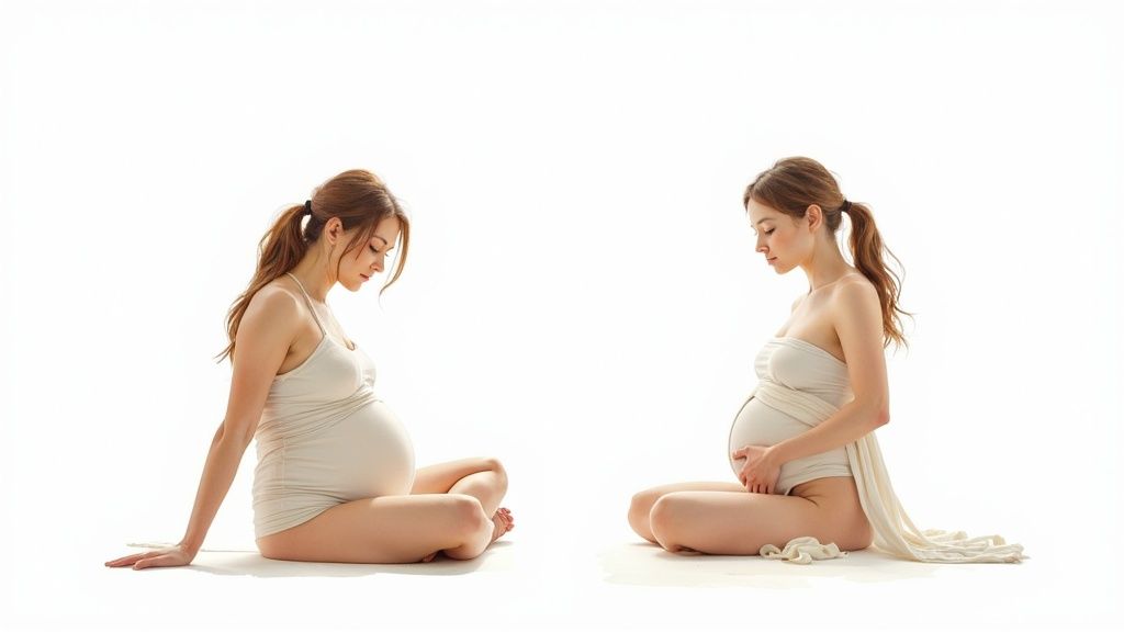 Two serene pregnant women sitting on a white background, looking gracefully at their bellies.