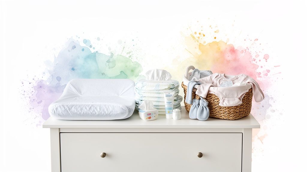 A changing station with newborn baby essentials including diapers, wipes, cream, and clothes in a basket on a dresser.