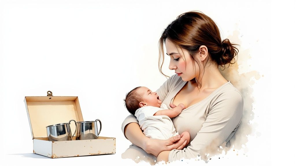 A mother tenderly holds her baby, with two shiny silver nursing cups in an open box.