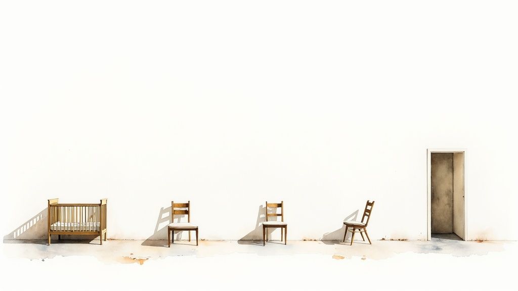 A minimalist watercolor painting shows a crib, three chairs, and an open doorway against a white wall.