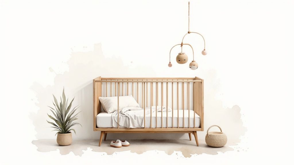 A peaceful and well-organized baby nursery with a crib, changing table, and chair.