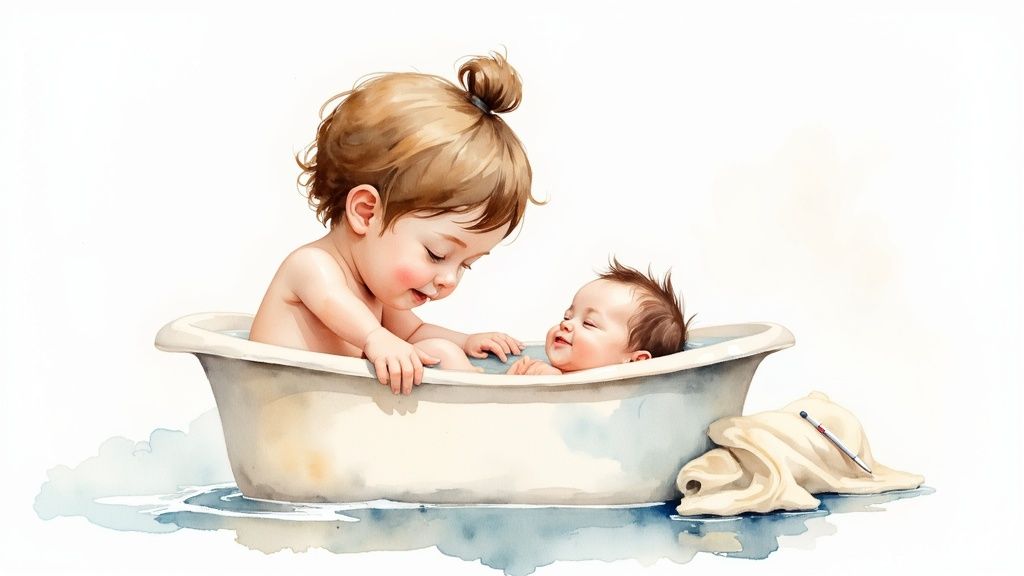 Watercolor illustration of an older sibling bathing with a smiling newborn baby in a white tub.