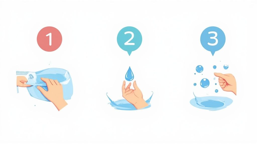 Three step tutorial showing hands cleaning and maintaining contact lens in water solution