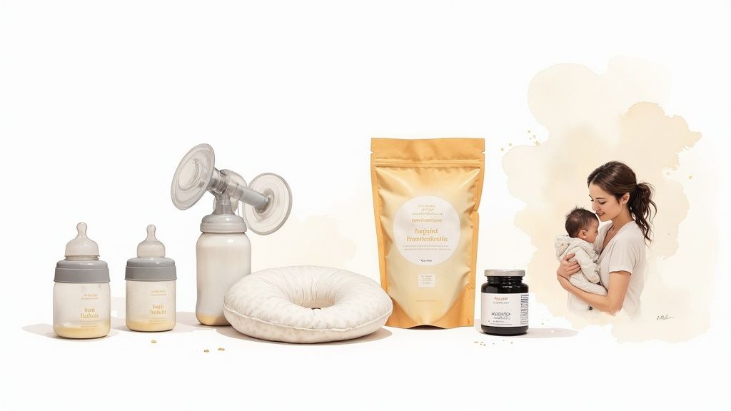 A collection of baby feeding products, maternal supplements, a nursing pillow, and a mother holding her baby.