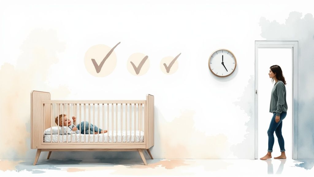 A happy baby in a wooden crib, three checkmarks, a clock, and a woman in a doorway.