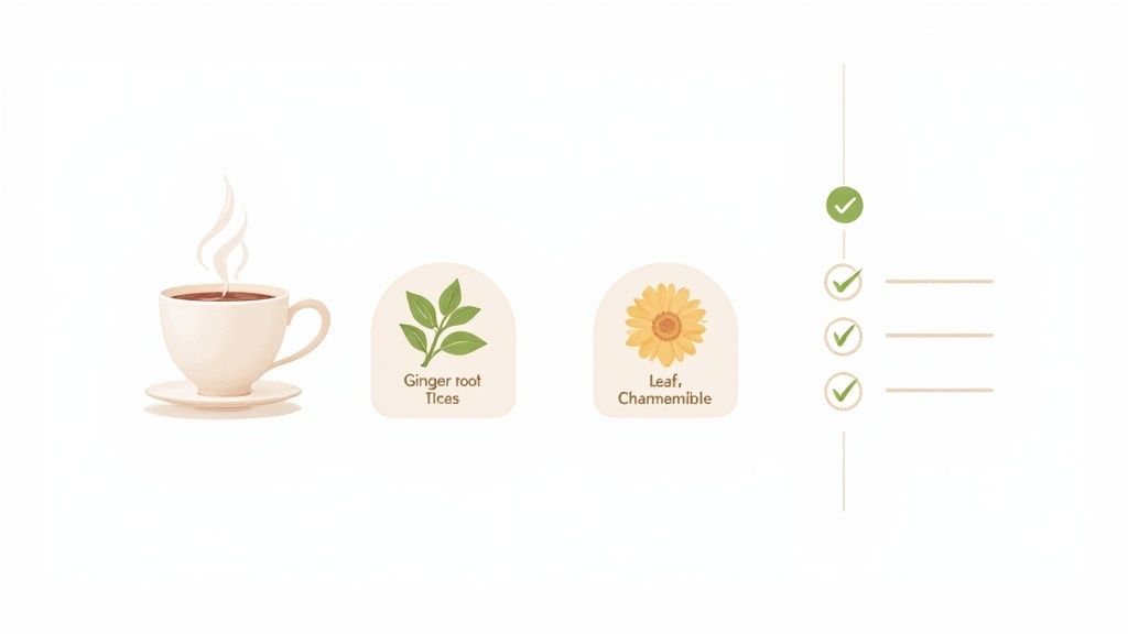 A person holding a clear mug of herbal anti nausea tea, with steam rising from it.