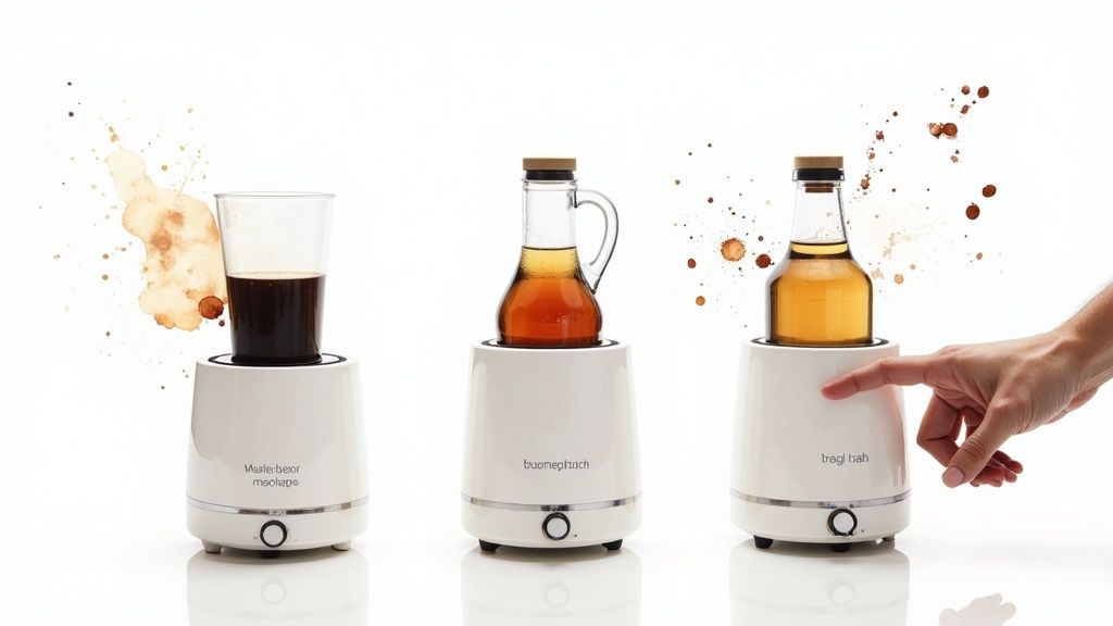 A mother holding a baby bottle next to a bottle warmer on a kitchen counter.