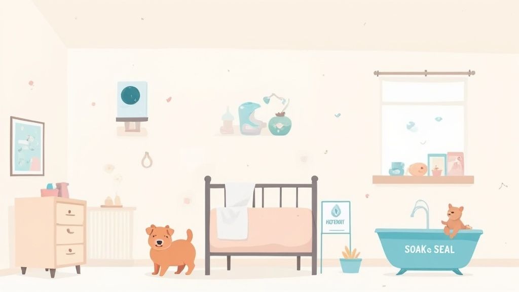A peaceful nursery with a crib, soft lighting, and an air purifier in the corner.